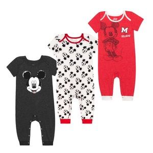 Disney Mickey Mouse 3 pack onesies Dark Gray, Red, and White .